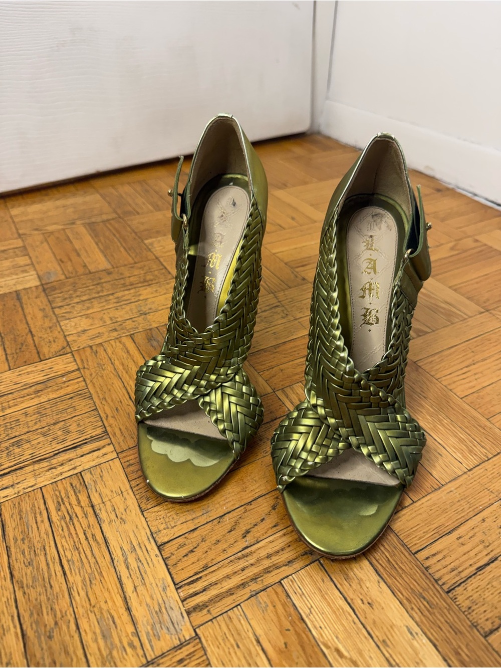 L.A.M.B. Metallic Olive Green Woven Heeled Sandals